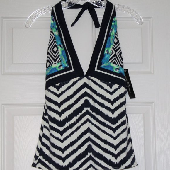 Carmen Marc Valco NWT Halter V-Neck Printed Tankini Top Swim Blue White Green S - Picture 1 of 8